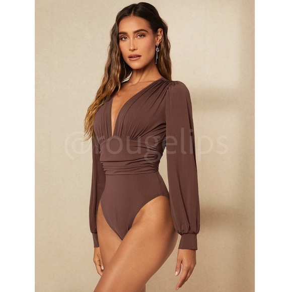 Brown Elegant V neck Bodysuit Long Bishop Sleeves Stretchy Ruched Waist - Picture 2 of 8